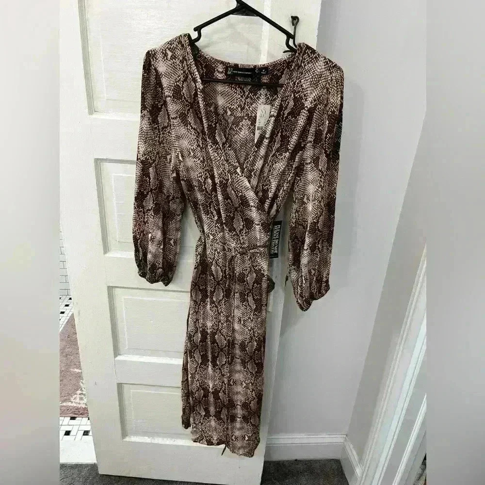 New York & Company Wrap Dress Womens Medium Brown Snakeskin Print Long Sleeve‎